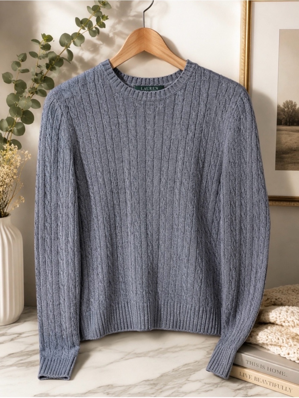 Lauren Ralph Lauren Blue Cable Knit Cotton Crewneck Sweater Large - Picture 4 of 4